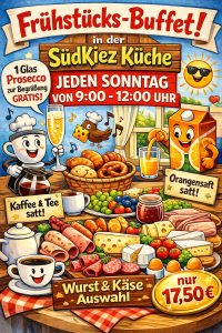 Frühstücksbuffet in der Südkiezküche. Jeden Sonntag von 9:00 bis 12:00 Uhr. O-Saft, Tee und Kaffee satt. Ein Glas Prosecco zur Begrüßung gratis. Große Wurst- und Käseauswahl.