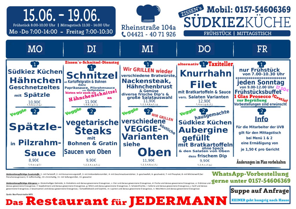 Speiseplan, Menü, Dienstag Schnitzeltag, Donnerstag Fischtag