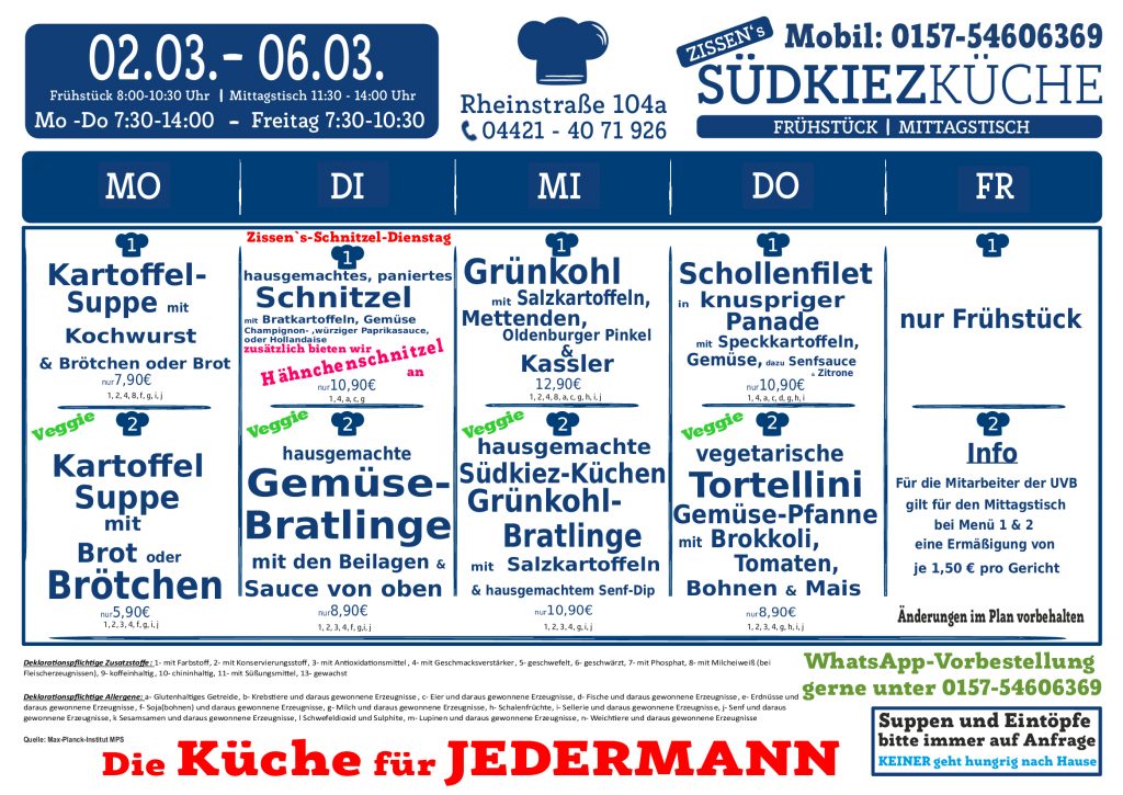 Menü, Speiseplan, Frühstück, Mittagstisch, Speisen, Restaurant, Küche, Südstadt Wilhelmshaven